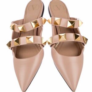Valentino Rockstud Pointed Toe Mules in Nude with Gold Hardware